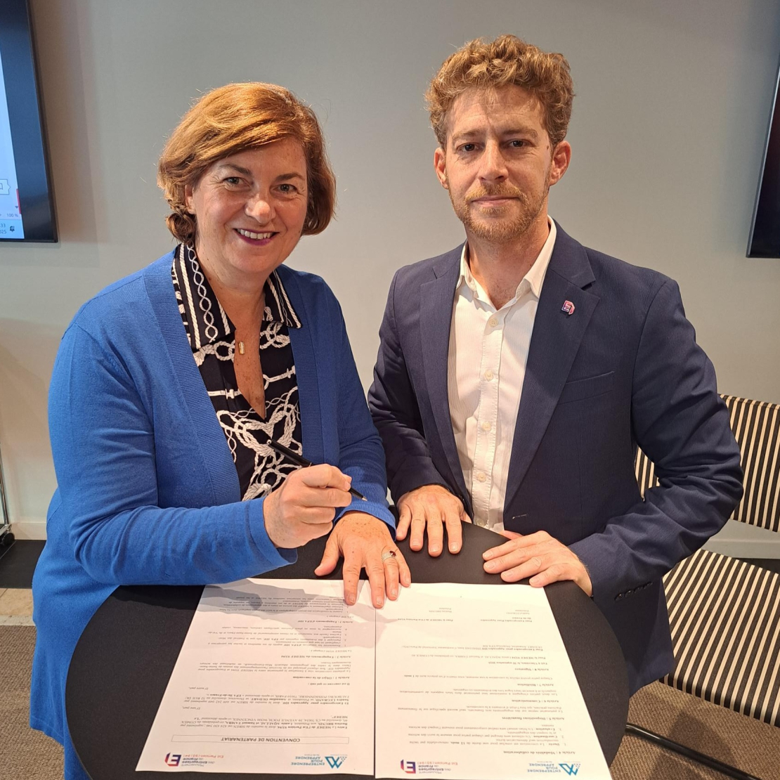 Sandra LE GRAND présidente de  Entreprendre Pour Apprendre Île-de-France et Bastien BRUNIS président du MEDEF 93 94